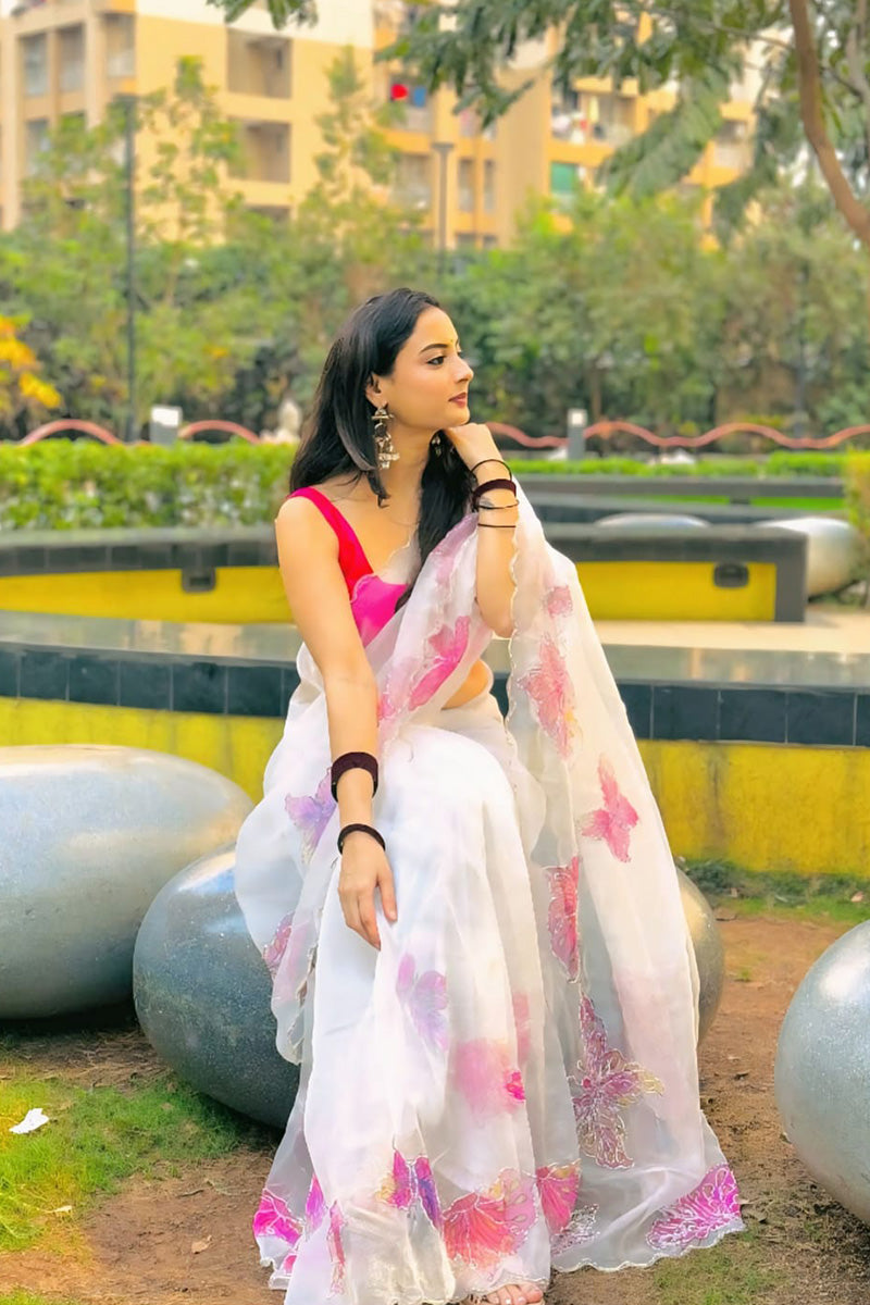 A glam 1 Minute Ready To Wear White Organza Saree
