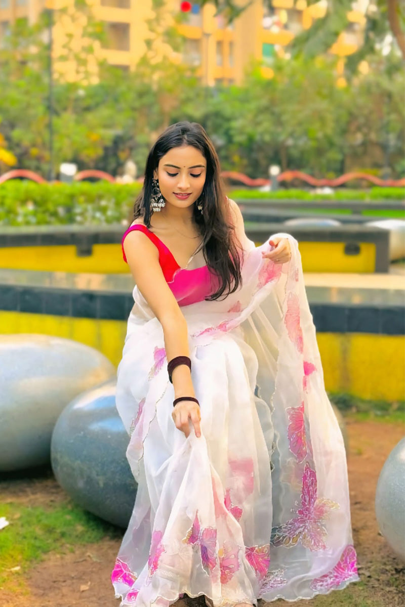 A glam 1 Minute Ready To Wear White Organza Saree