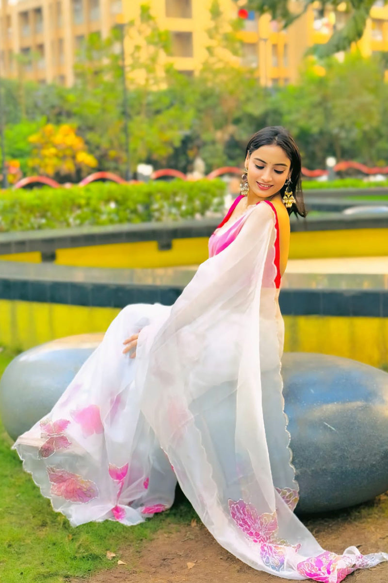 A glam 1 Minute Ready To Wear White Organza Saree