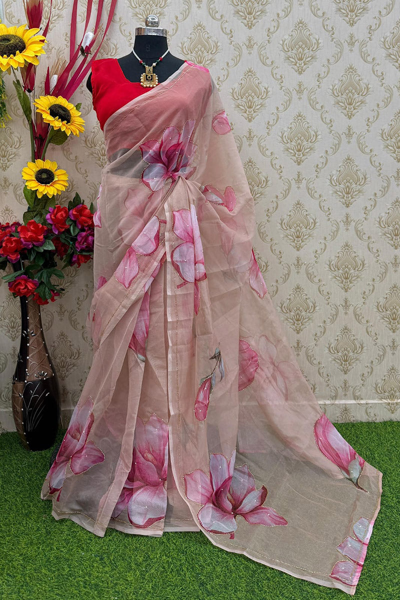 Beautiful 1 Minute Ready To Wear Beige Organza Saree