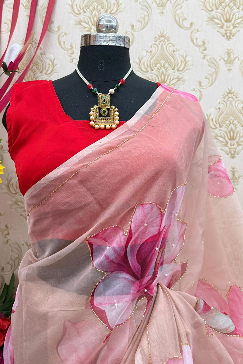 Beautiful 1 Minute Ready To Wear Beige Organza Saree