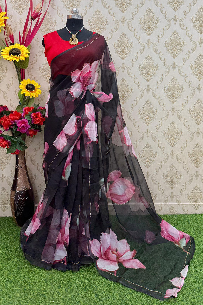 Captivating 1 Minute Ready To Wear Black Organza Saree