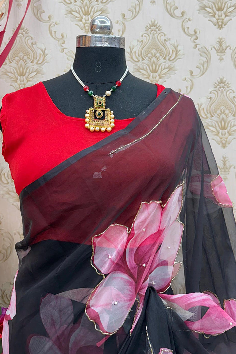 Captivating 1 Minute Ready To Wear Black Organza Saree