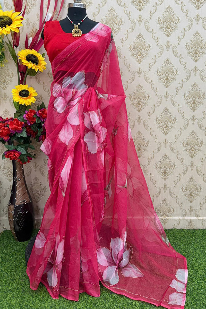 Dazzling 1 Minute Ready To Wear Pink Organza Saree