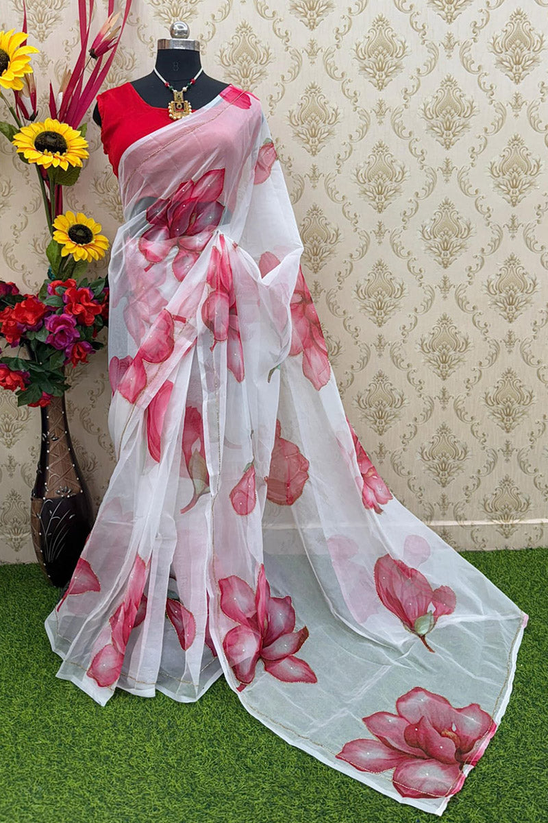 Ebullience 1 Minute Ready To Wear White Organza Saree