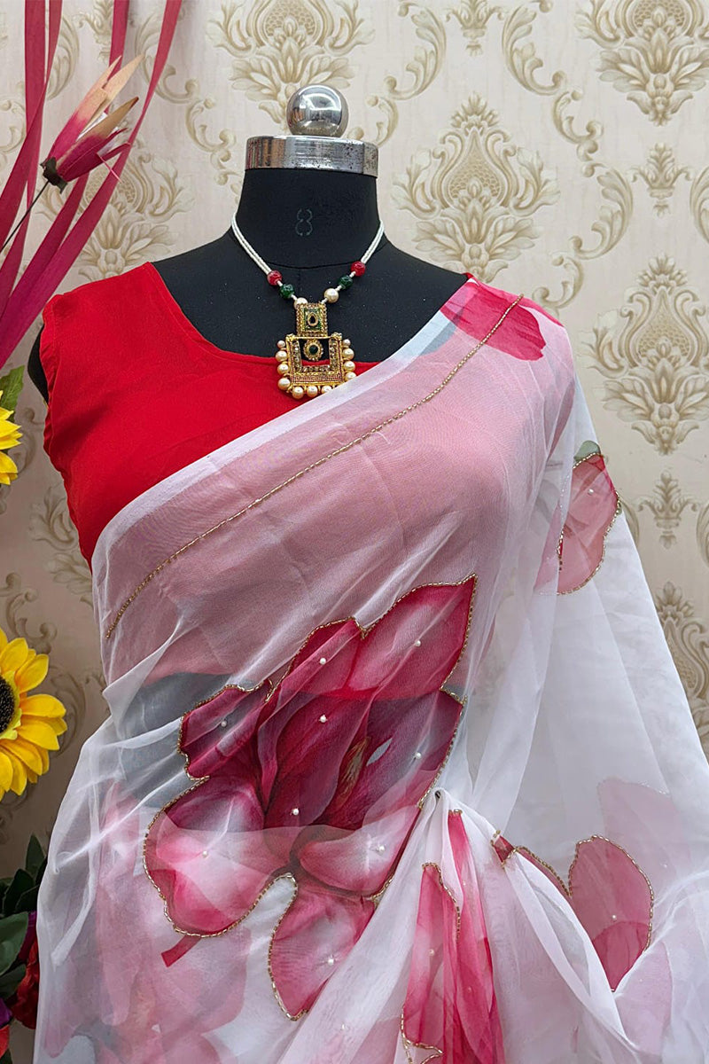 Ebullience 1 Minute Ready To Wear White Organza Saree