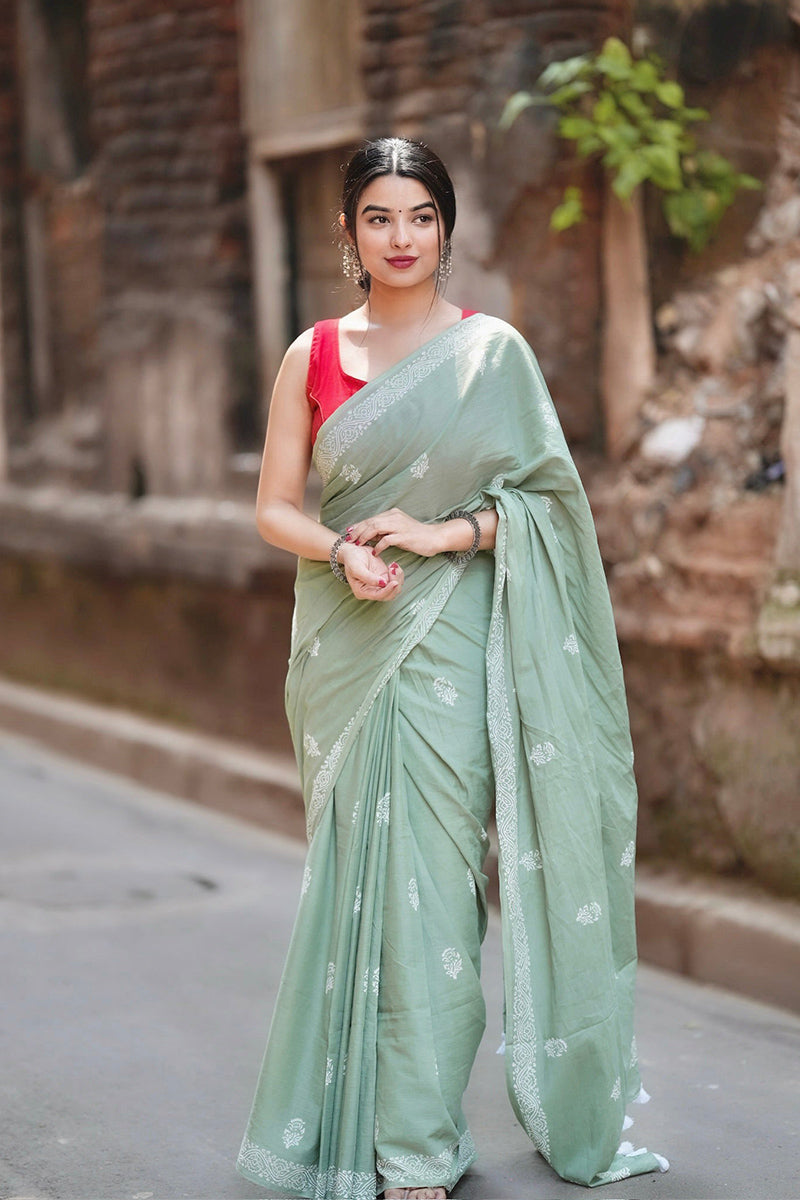 Imaginative Light Green 1 Minute Ready To Wear Mul Cotton Digital Printed Saree With Pocket