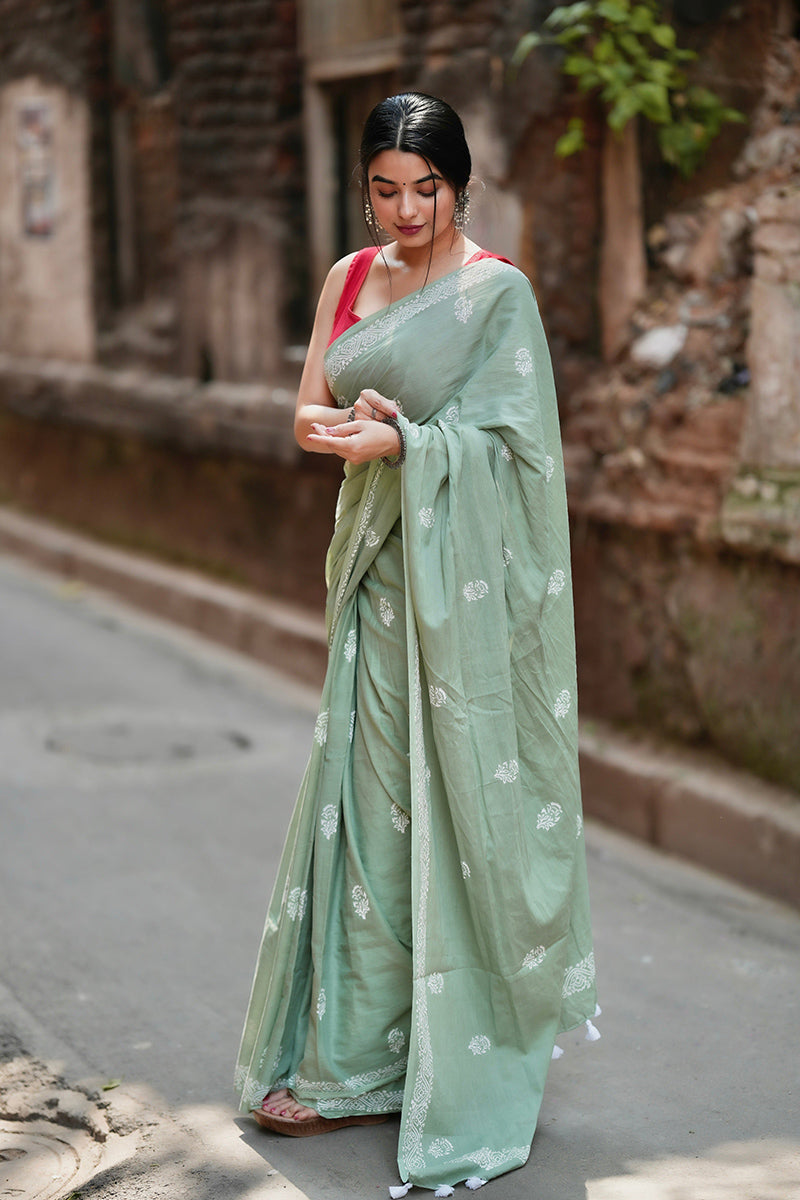 Imaginative Light Green 1 Minute Ready To Wear Mul Cotton Digital Printed Saree With Pocket