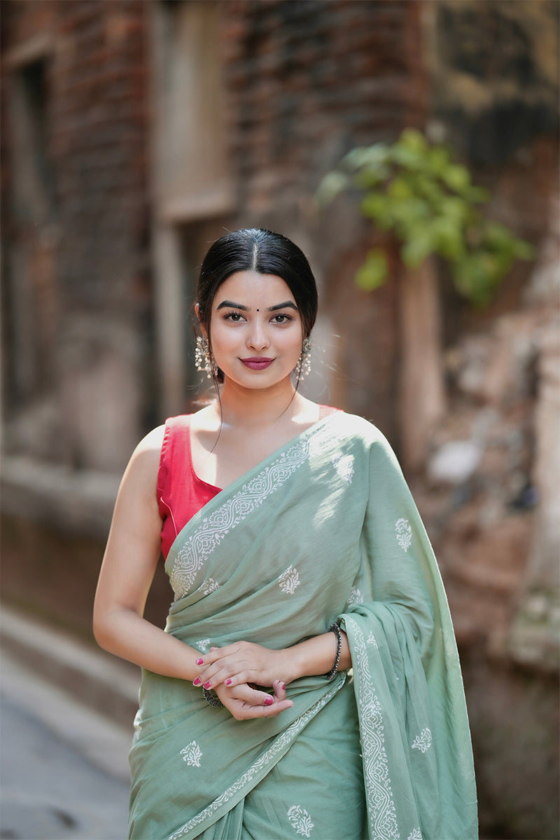 Imaginative Light Green 1 Minute Ready To Wear Mul Cotton Digital Printed Saree With Pocket