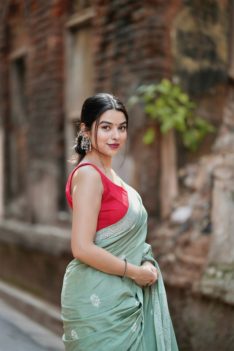 Imaginative Light Green 1 Minute Ready To Wear Mul Cotton Digital Printed Saree With Pocket