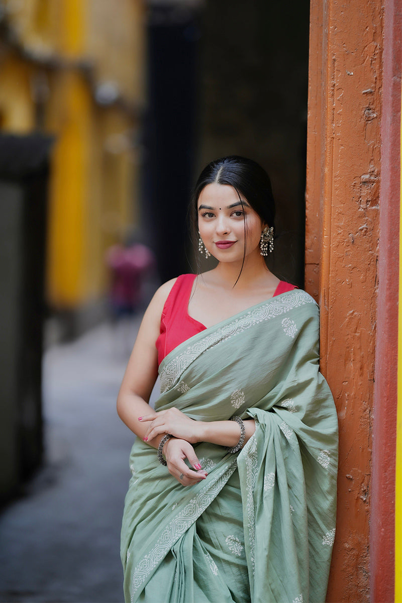 Imaginative Light Green 1 Minute Ready To Wear Mul Cotton Digital Printed Saree With Pocket