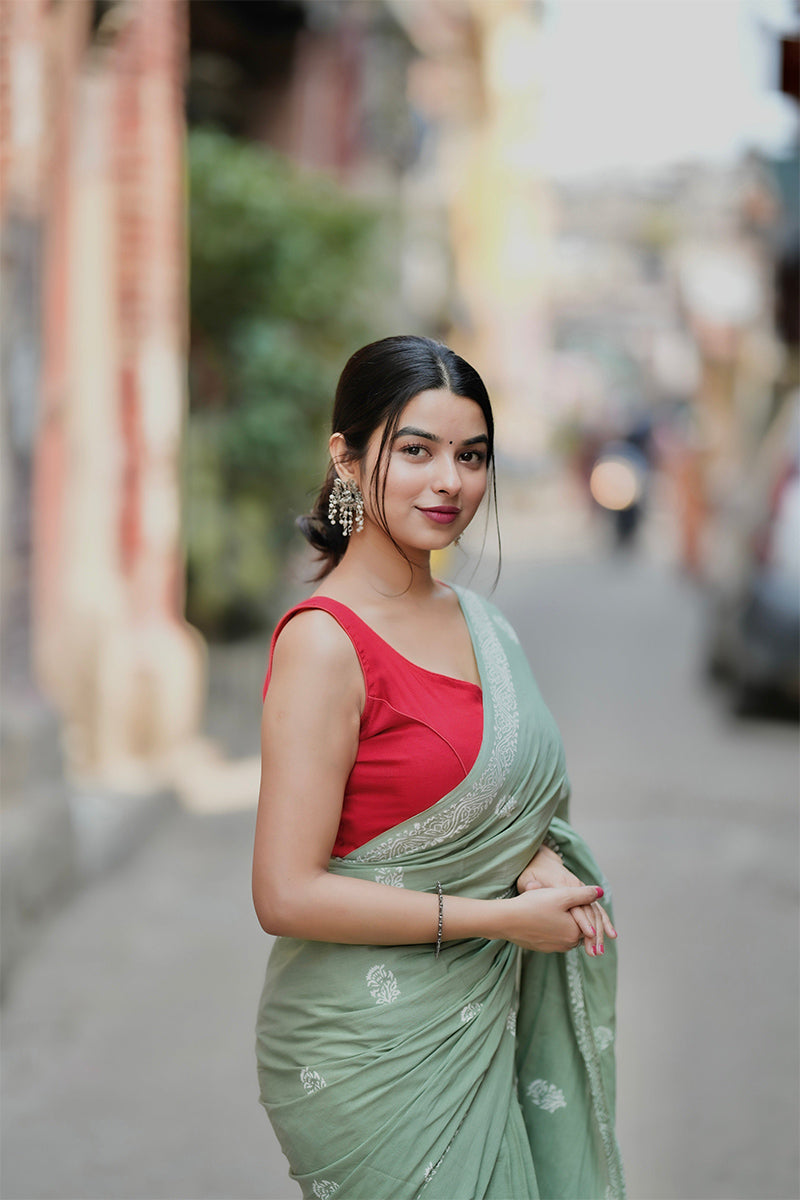 Imaginative Light Green 1 Minute Ready To Wear Mul Cotton Digital Printed Saree With Pocket