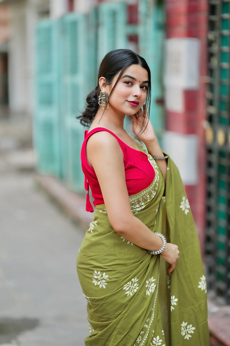 Lassitude Mehndi 1 Minute Ready To Wear Mul Cotton Digital Printed Saree With Pocket