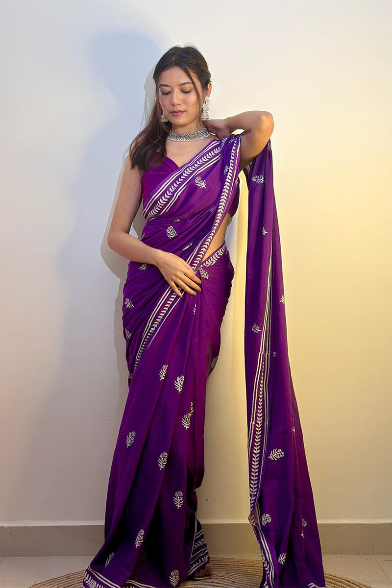 Magnific Purple 1 Minute Ready To Wear Mul Cotton Digital Printed Saree With Pocket