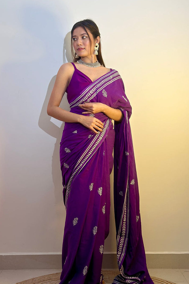 Magnific Purple 1 Minute Ready To Wear Mul Cotton Digital Printed Saree With Pocket