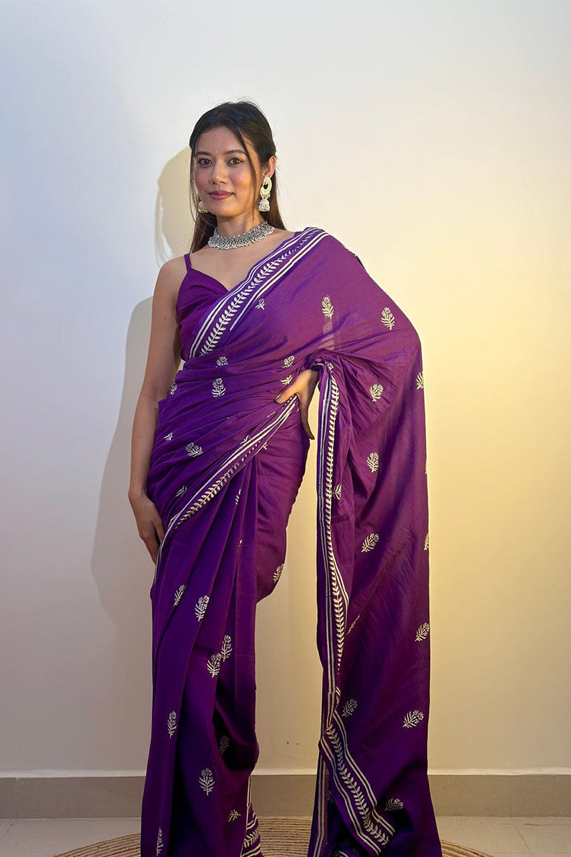 Magnific Purple 1 Minute Ready To Wear Mul Cotton Digital Printed Saree With Pocket