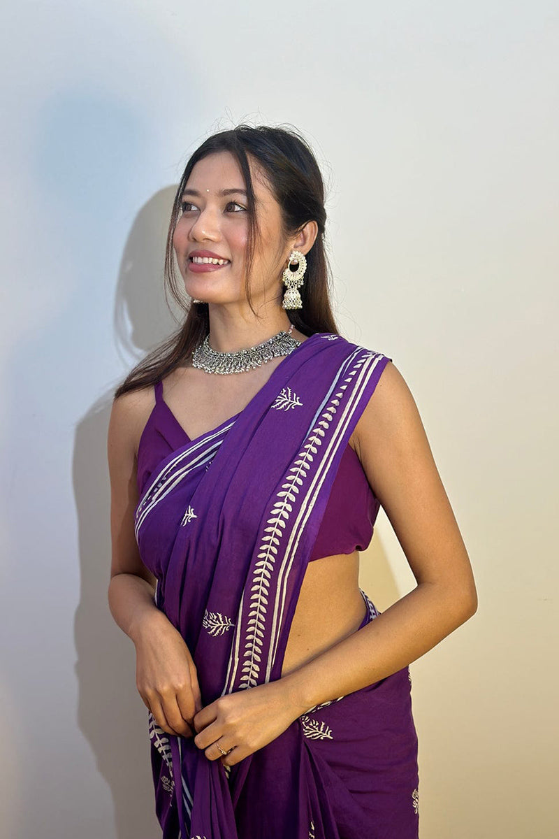 Magnific Purple 1 Minute Ready To Wear Mul Cotton Digital Printed Saree With Pocket
