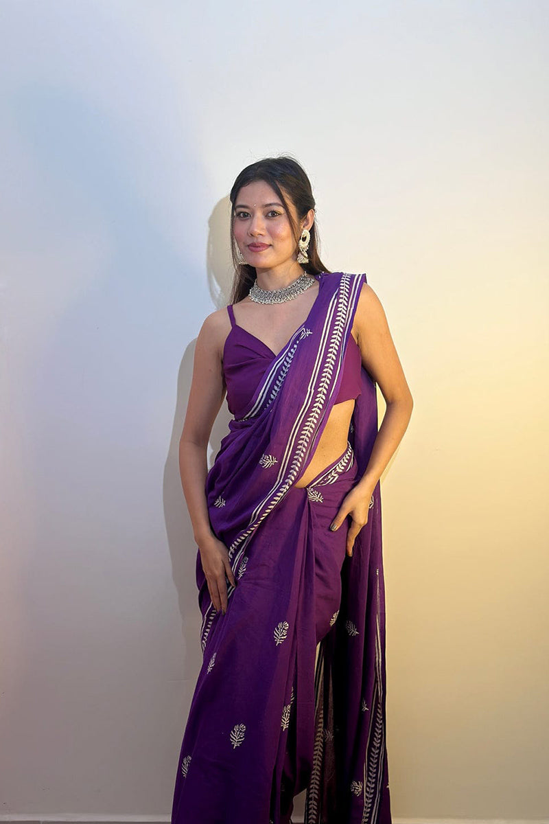 Magnific Purple 1 Minute Ready To Wear Mul Cotton Digital Printed Saree With Pocket