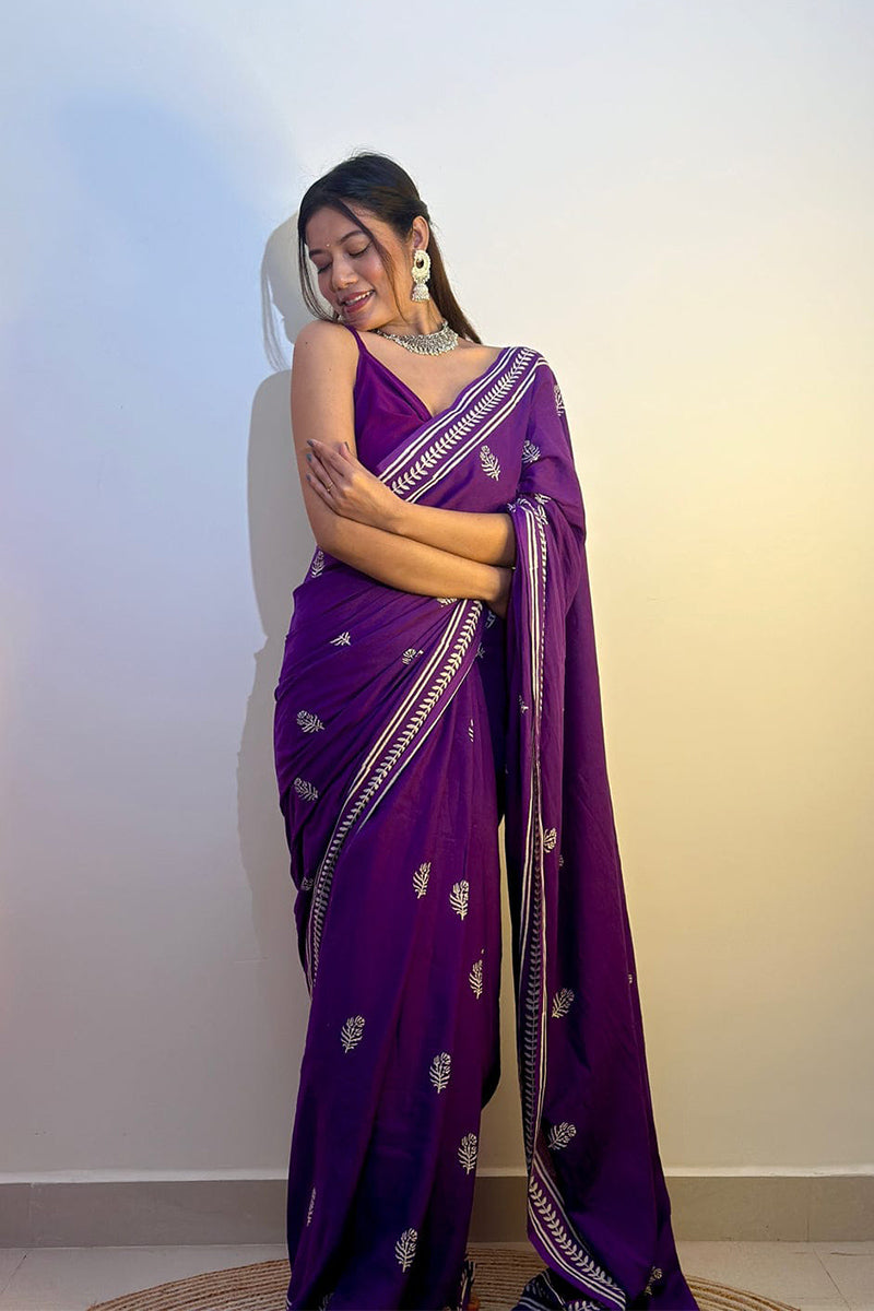Magnific Purple 1 Minute Ready To Wear Mul Cotton Digital Printed Saree With Pocket