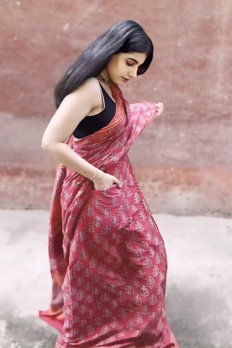 Panoply Maroon 1 Minute Ready To Wear Mul Cotton Digital Printed Saree With Pocket