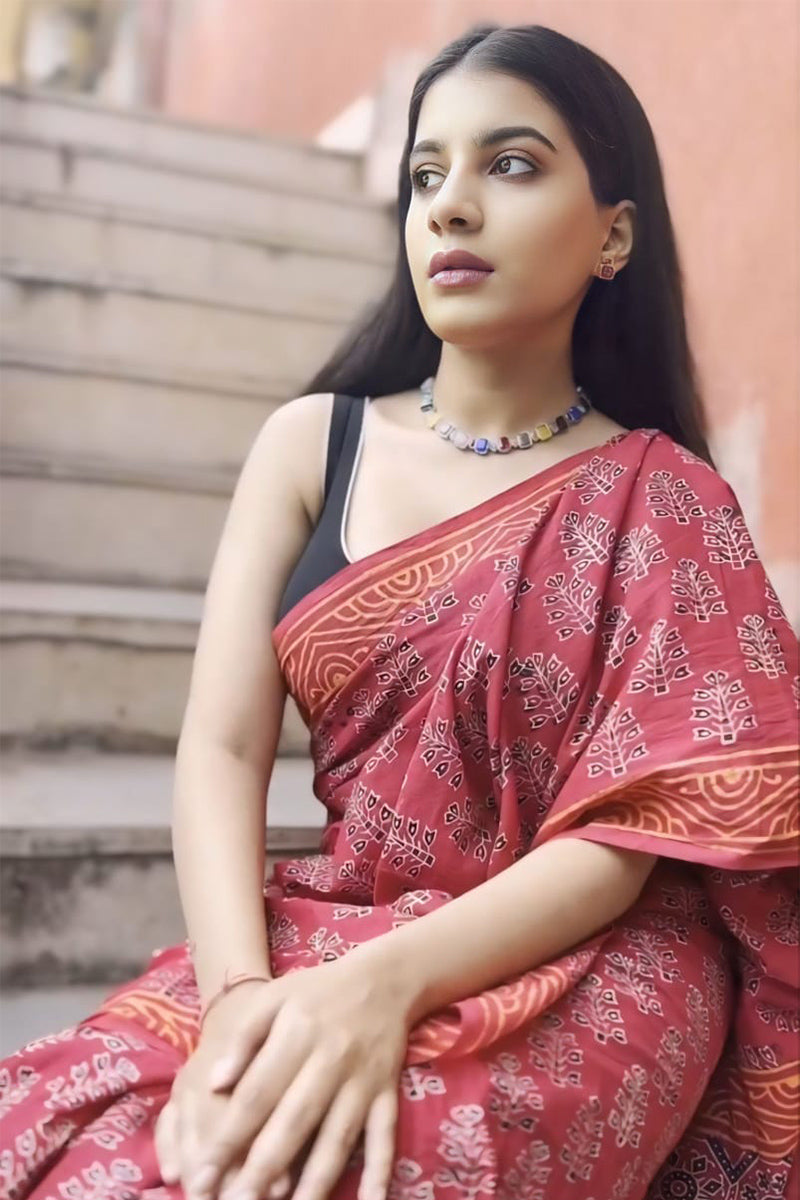 Panoply Maroon 1 Minute Ready To Wear Mul Cotton Digital Printed Saree With Pocket