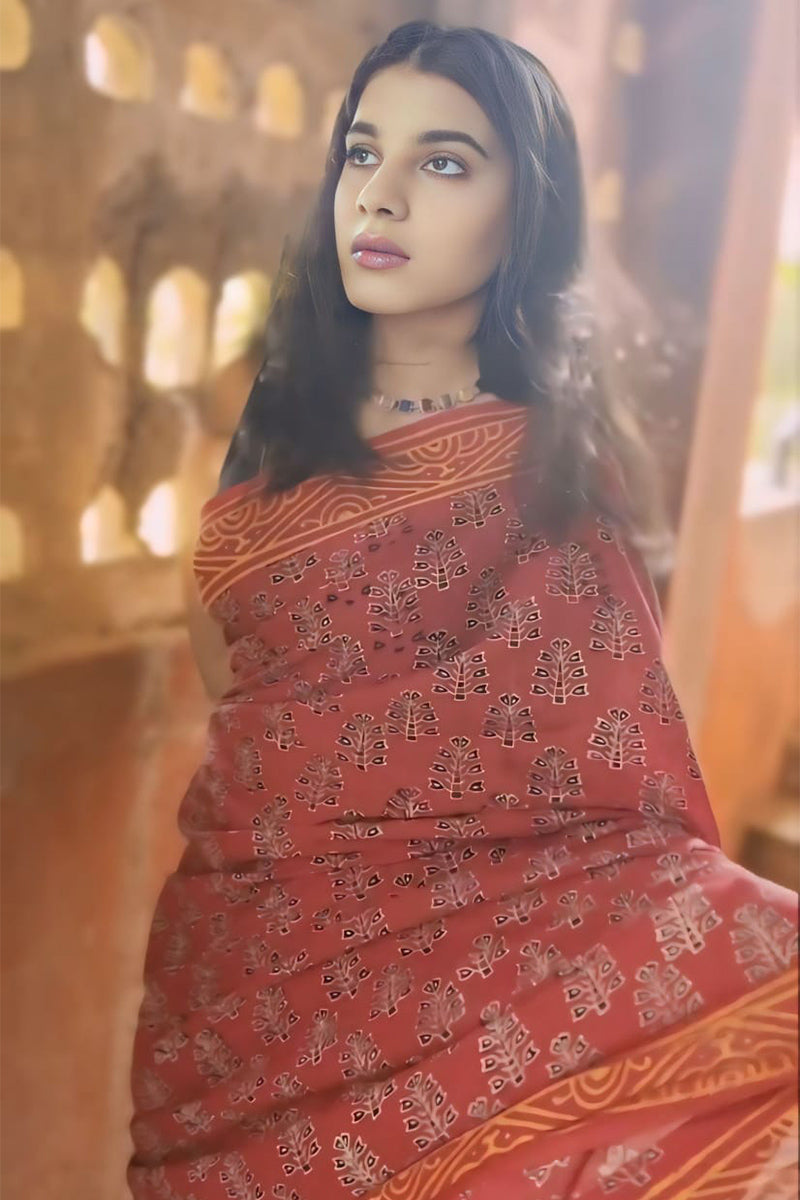 Panoply Maroon 1 Minute Ready To Wear Mul Cotton Digital Printed Saree With Pocket