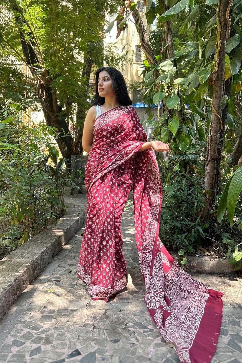 Charming Maroon 1 Minute Ready To Wear Mul Cotton Digital Printed Saree With Pocket