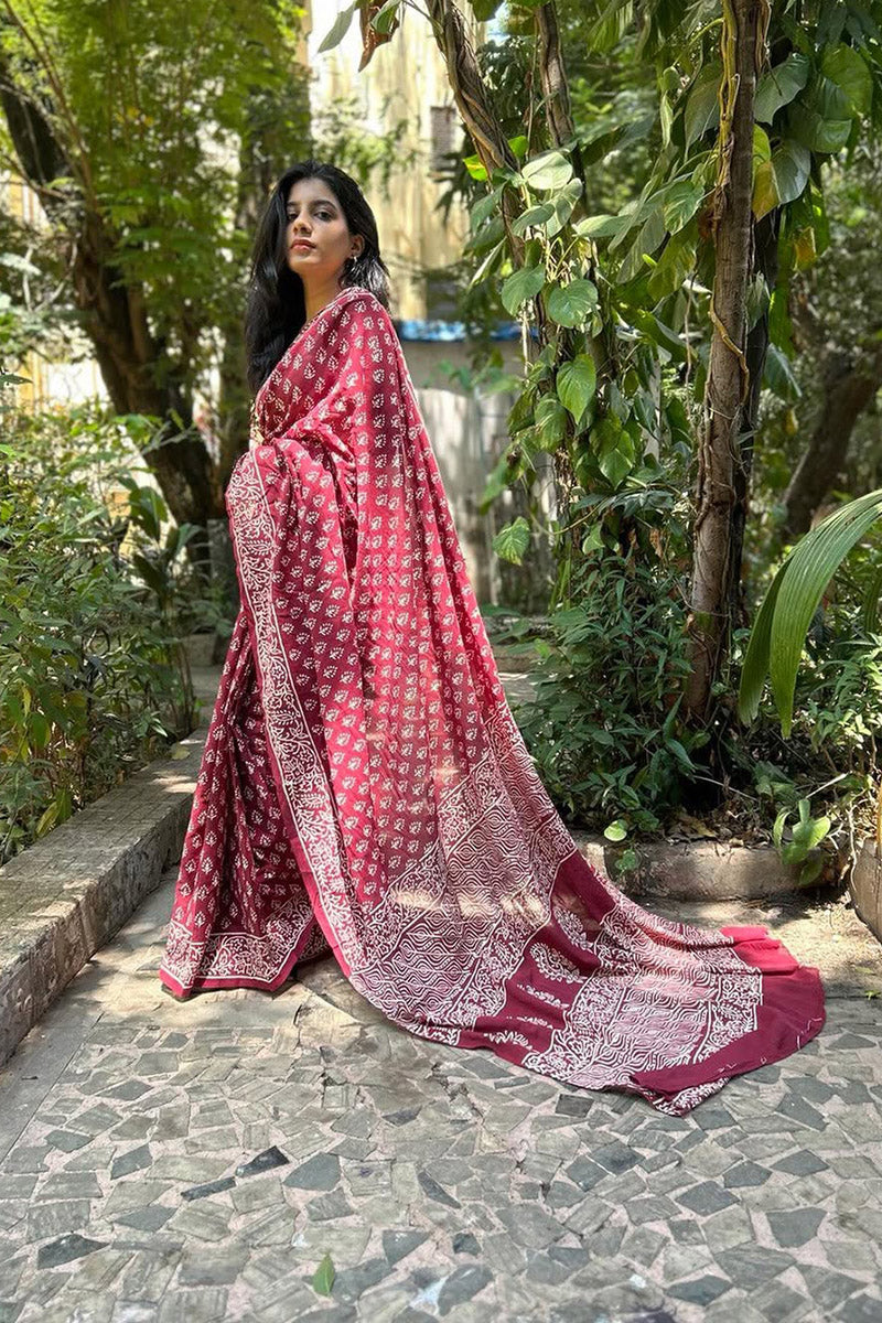Charming Maroon 1 Minute Ready To Wear Mul Cotton Digital Printed Saree With Pocket