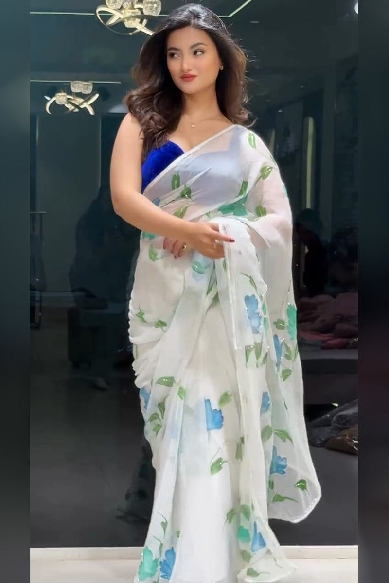 Glittering White 1 Minute Ready To Wear Georgette Saree
