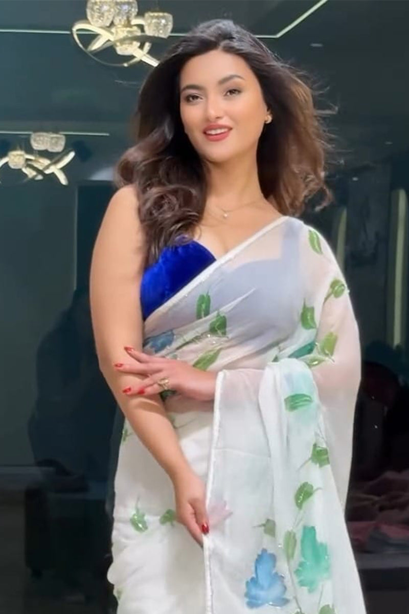 Glittering White 1 Minute Ready To Wear Georgette Saree