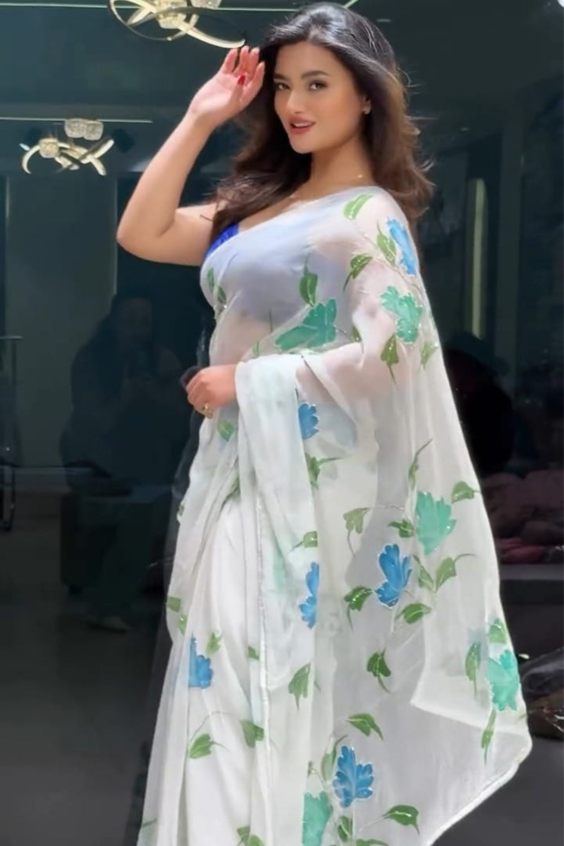 Glittering White 1 Minute Ready To Wear Georgette Saree
