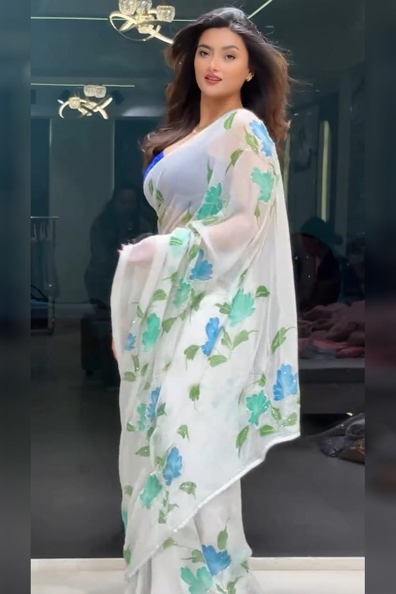 Glittering White 1 Minute Ready To Wear Georgette Saree