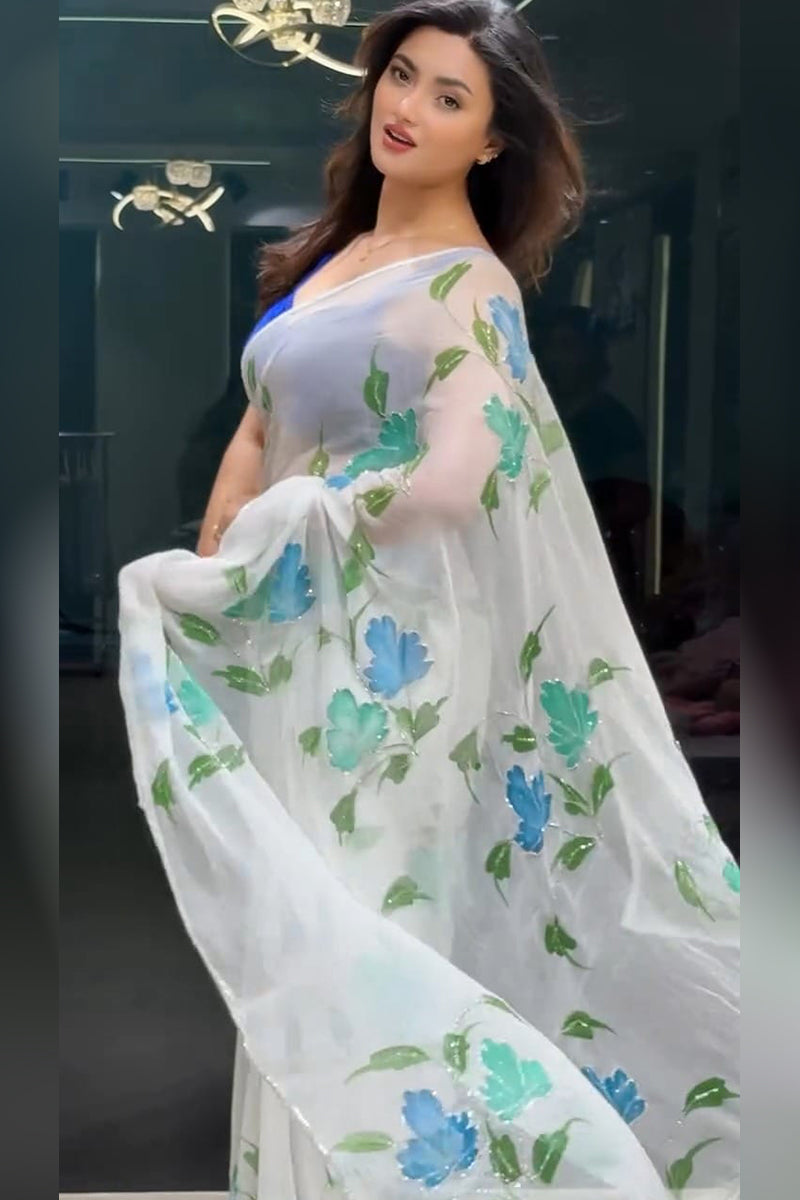 Glittering White 1 Minute Ready To Wear Georgette Saree