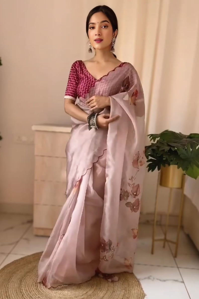 Majesty Brown 1 Minute Ready To Wear Organza Saree