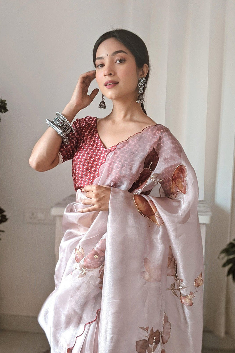 Majesty Brown 1 Minute Ready To Wear Organza Saree