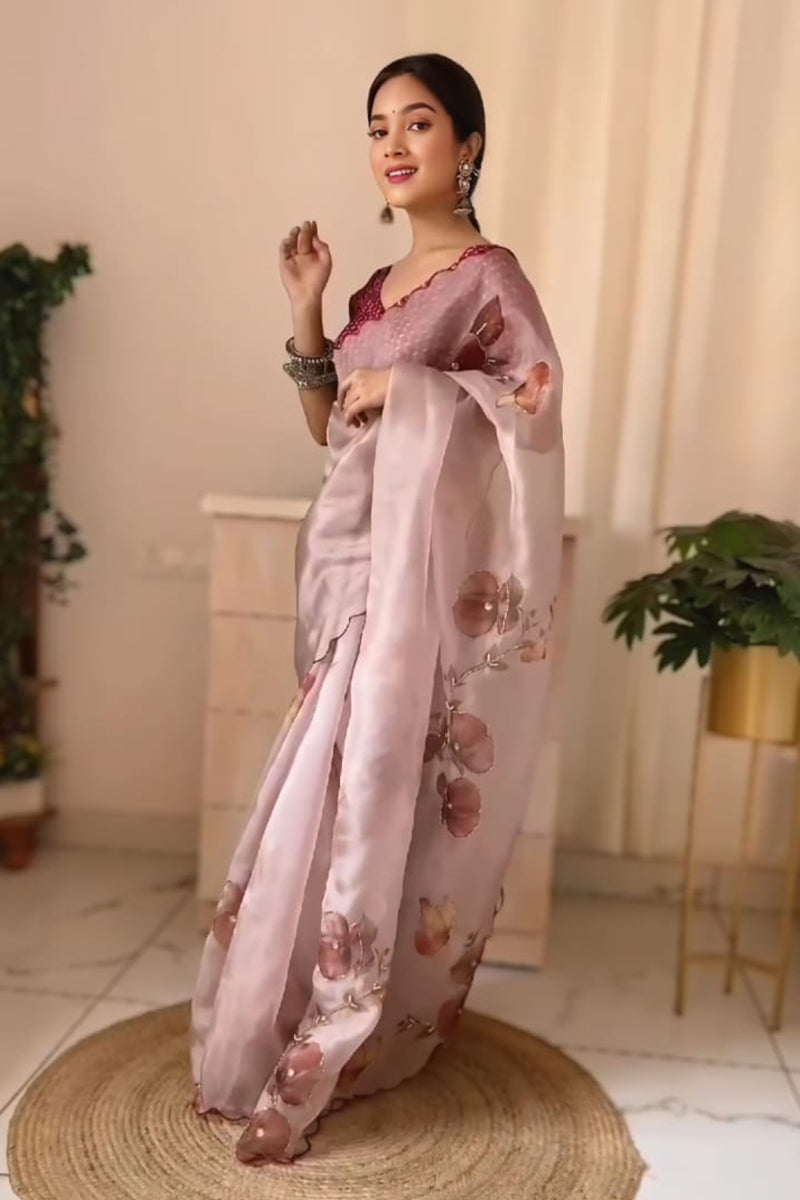 Majesty Brown 1 Minute Ready To Wear Organza Saree