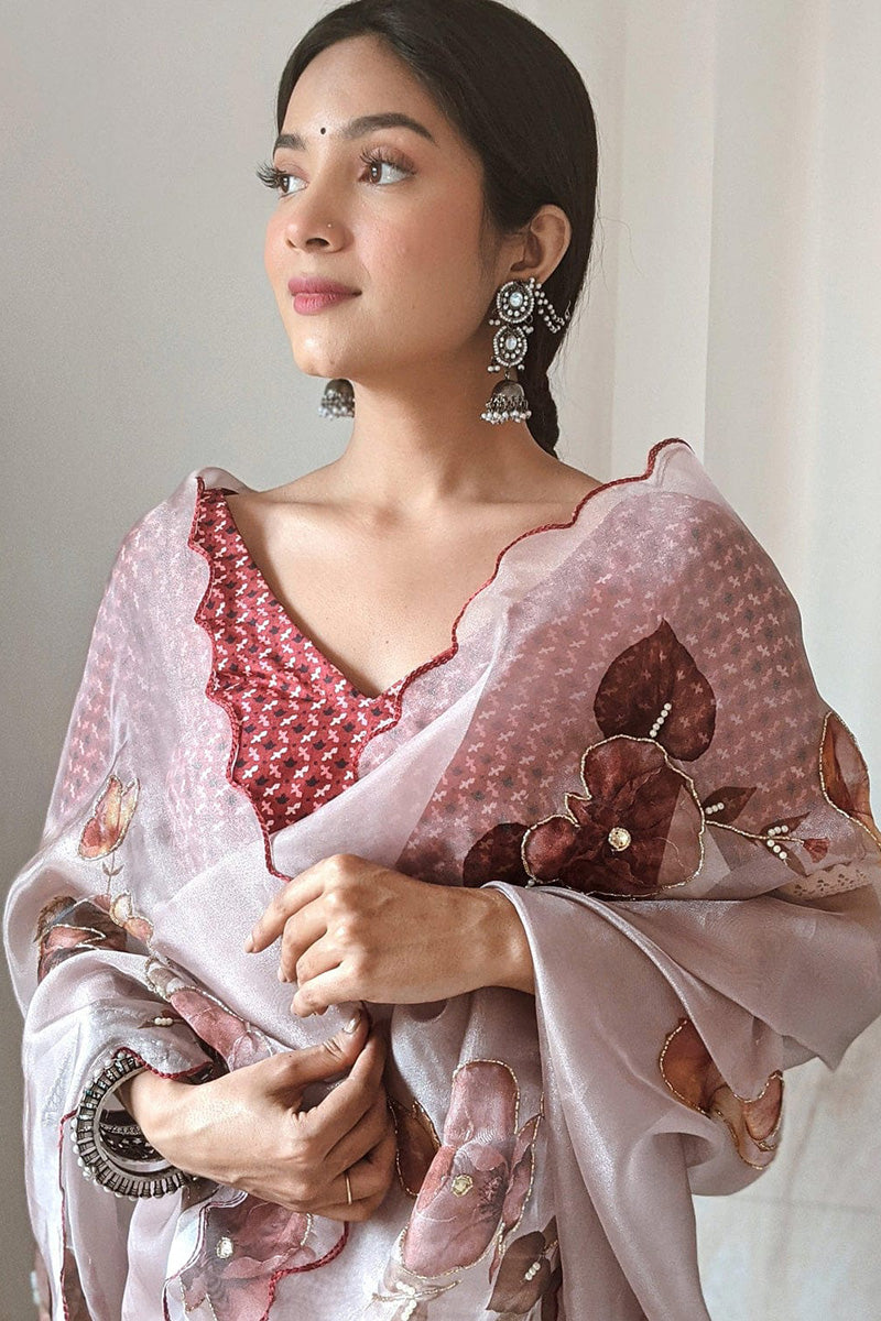 Majesty Brown 1 Minute Ready To Wear Organza Saree