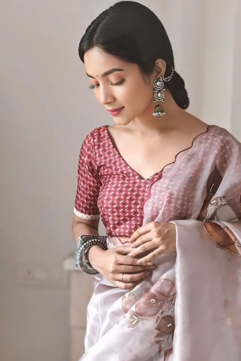 Majesty Brown 1 Minute Ready To Wear Organza Saree