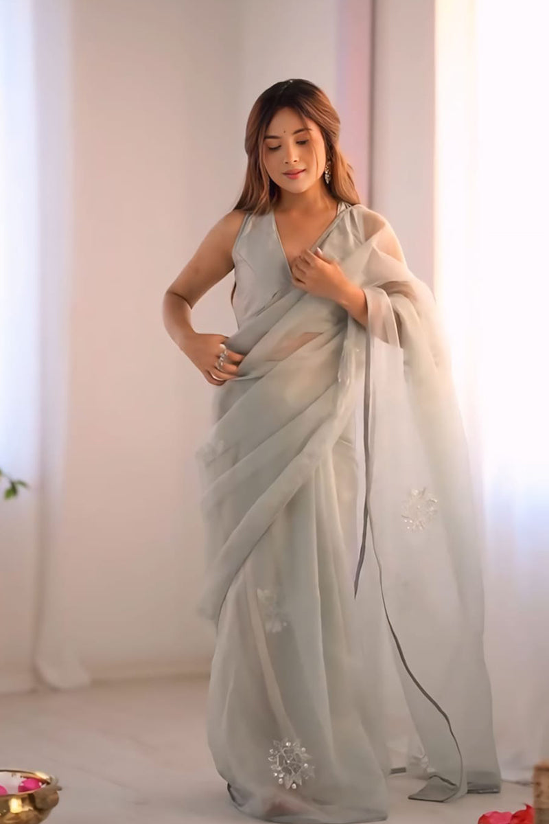 Petrichor Sky Blue 1 Minute Ready To Wear Organza Saree