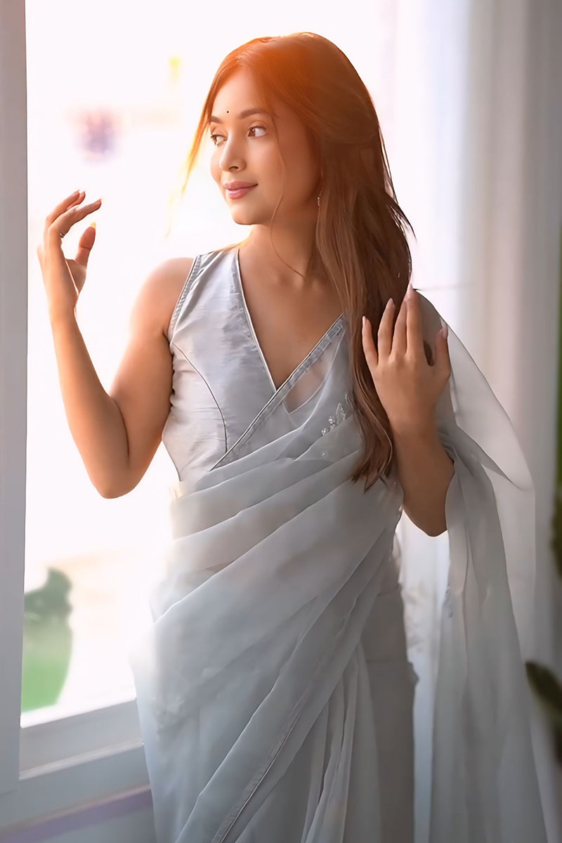 Petrichor Sky Blue 1 Minute Ready To Wear Organza Saree
