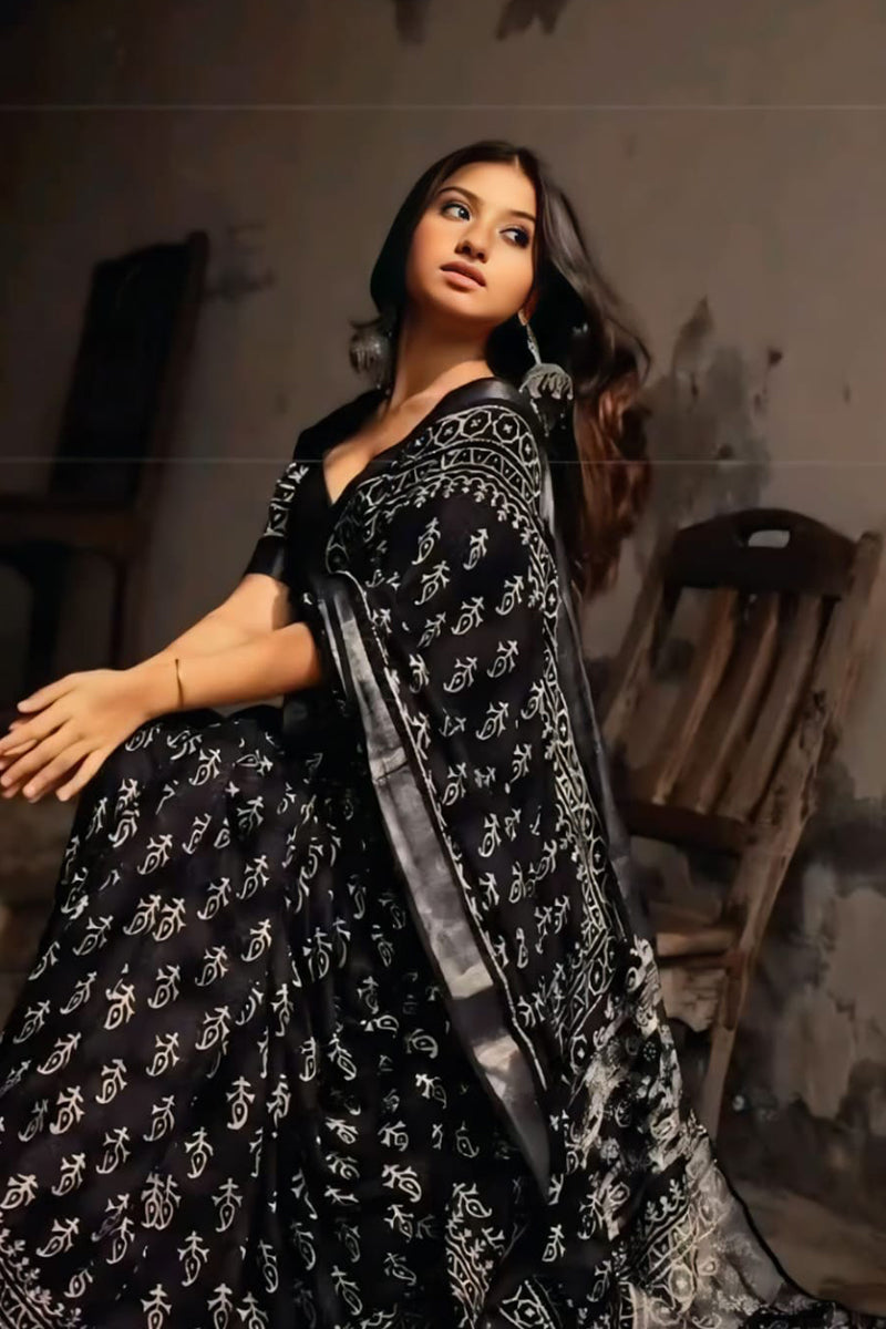 Sempiternal 1 Minute Ready To Wear Black Cotton Digital Printed Saree