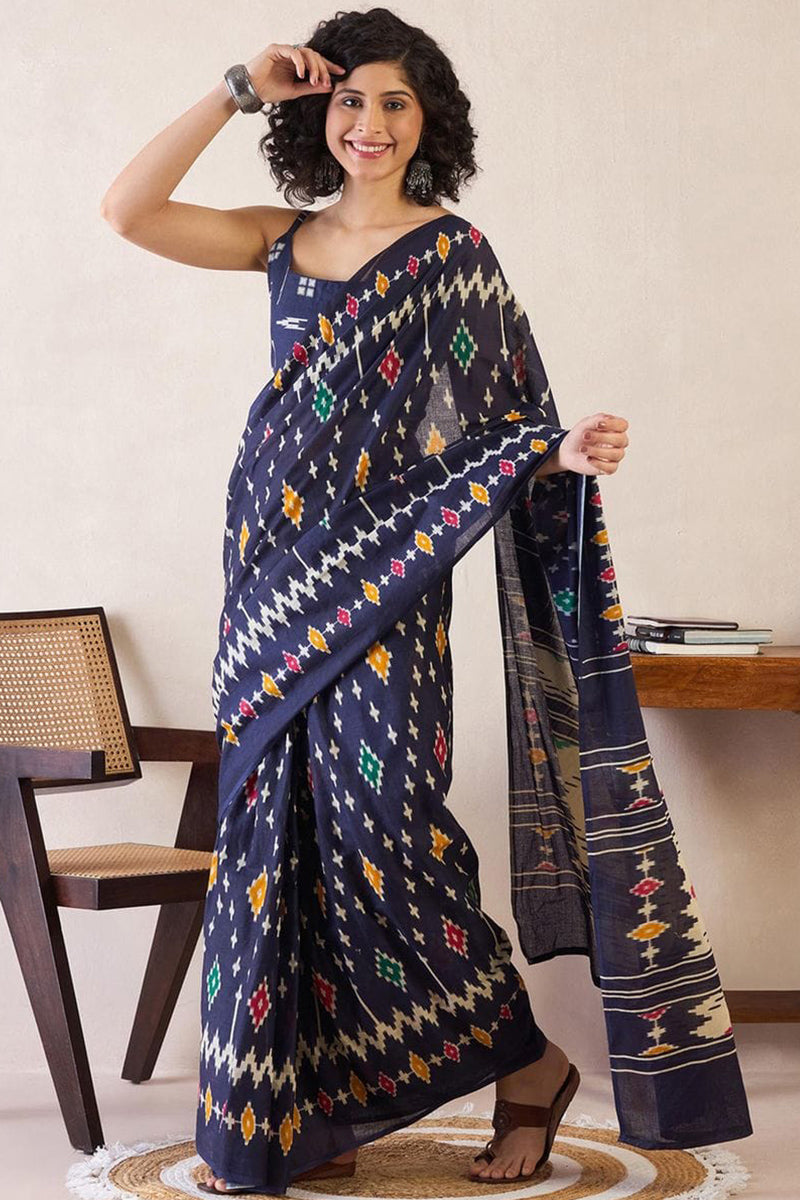 Chatoyant Navy Blue 1 Minute Ready To Wear Mul Cotton Digital Printed Saree With Pocket