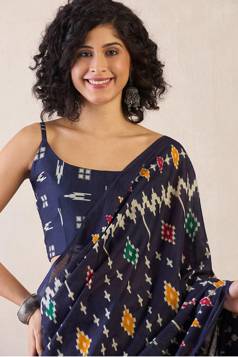 Chatoyant Navy Blue 1 Minute Ready To Wear Mul Cotton Digital Printed Saree With Pocket