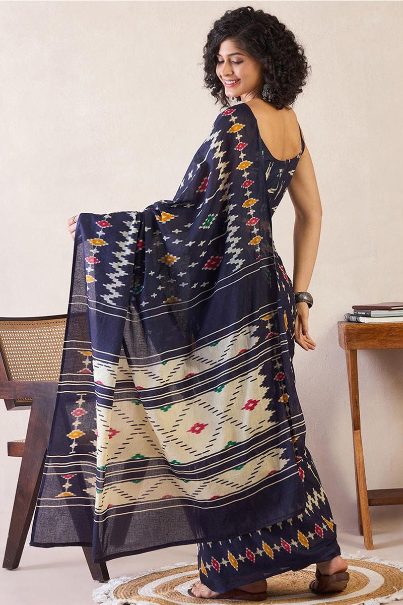Chatoyant Navy Blue 1 Minute Ready To Wear Mul Cotton Digital Printed Saree With Pocket