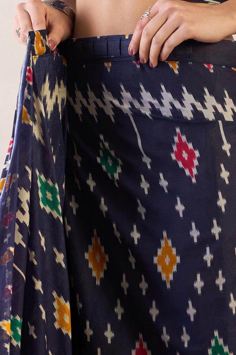 Chatoyant Navy Blue 1 Minute Ready To Wear Mul Cotton Digital Printed Saree With Pocket