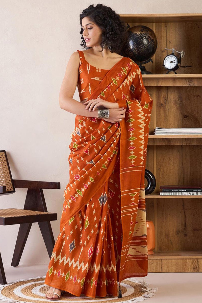 Delightful Orange 1 Minute Ready To Wear Mul Cotton Digital Printed Saree With Pocket