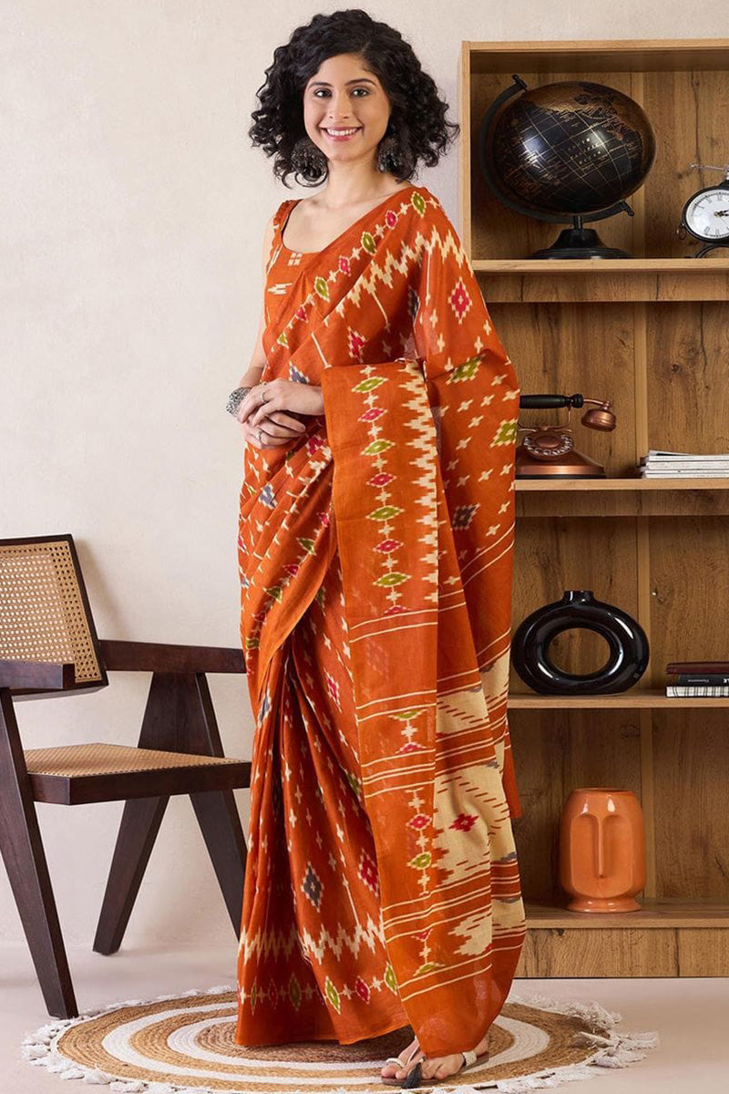 Delightful Orange 1 Minute Ready To Wear Mul Cotton Digital Printed Saree With Pocket