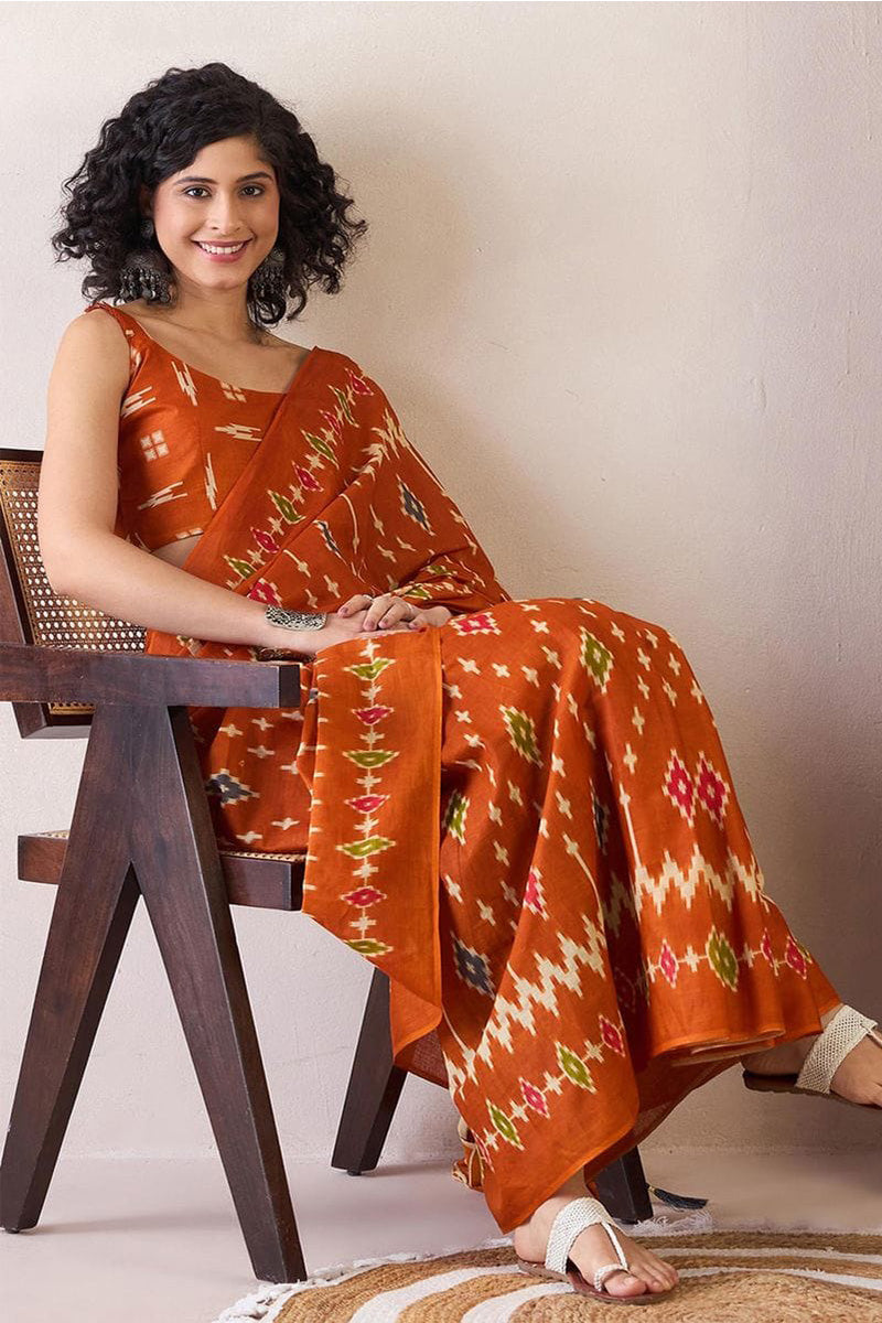 Delightful Orange 1 Minute Ready To Wear Mul Cotton Digital Printed Saree With Pocket