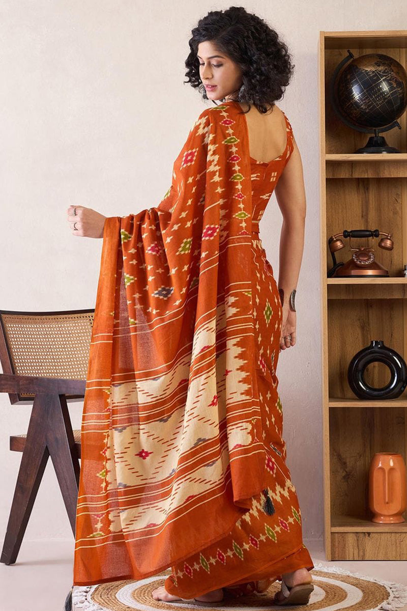 Delightful Orange 1 Minute Ready To Wear Mul Cotton Digital Printed Saree With Pocket