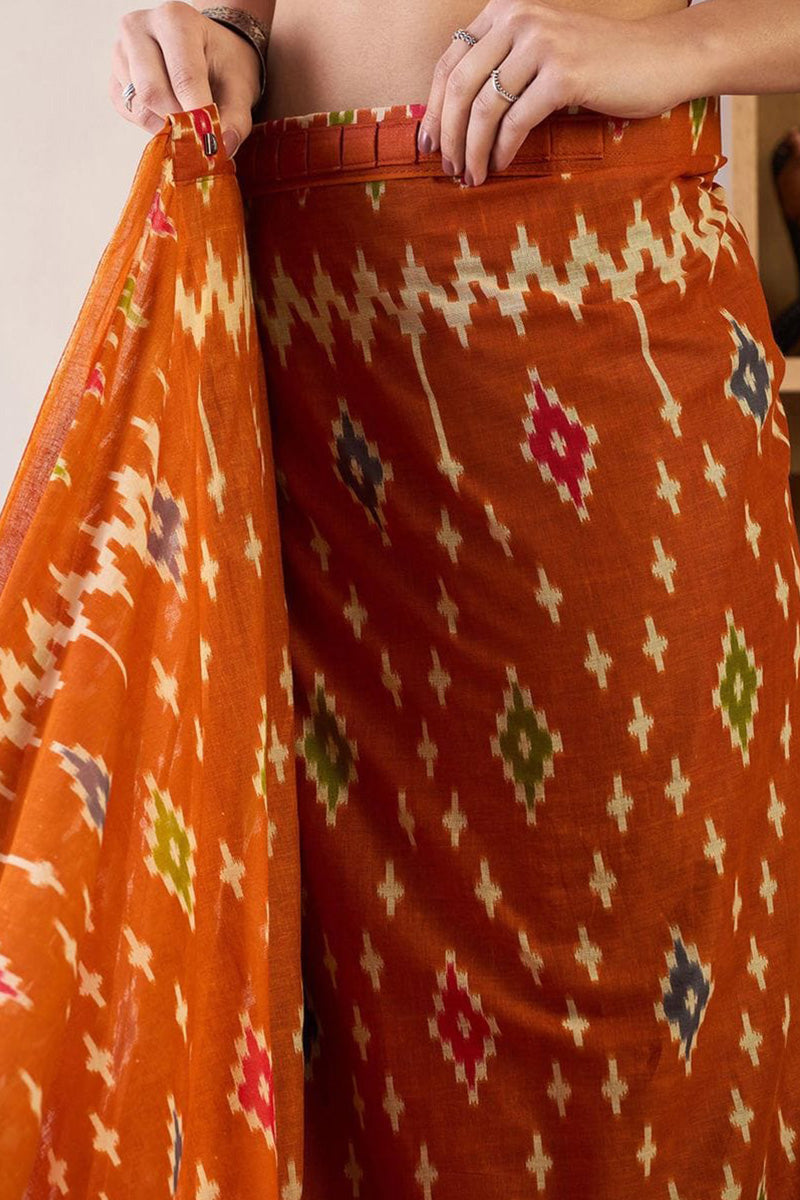 Delightful Orange 1 Minute Ready To Wear Mul Cotton Digital Printed Saree With Pocket